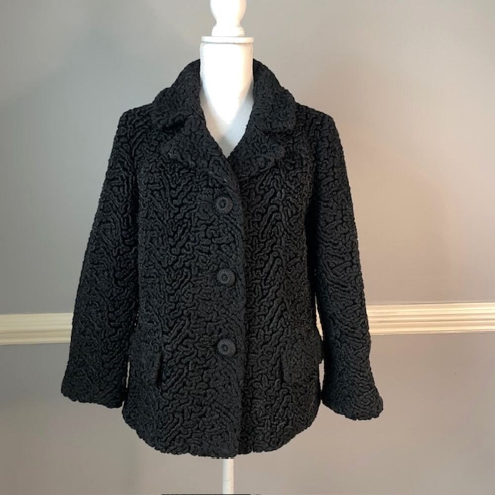 Vintage Black Persian Lamb Faux Fur Jacket Classic Button Front Coat Large